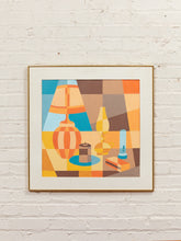 Load image into Gallery viewer, Mod Century Lamp Still Life Framed Geometric Interior litho in Warm Tones

