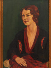 Load image into Gallery viewer, Portrait in Burgundy Framed Vintage Female Portrait Painting with Green Background
