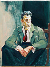 Load image into Gallery viewer, Seated Gentleman Figurative Portrait oil Original Painting in Green Suit and Red Tie
