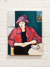 Load image into Gallery viewer, Cafe in Crimson Figurative Portrait Painting with Hat and Coffee Cup
