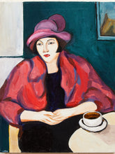 Load image into Gallery viewer, Cafe in Crimson Figurative Portrait Painting with Hat and Coffee Cup
