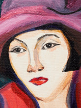 Load image into Gallery viewer, Cafe in Crimson Figurative Portrait Painting with Hat and Coffee Cup

