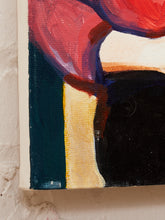 Load image into Gallery viewer, Cafe in Crimson Figurative Portrait Painting with Hat and Coffee Cup
