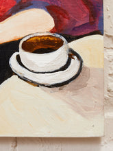 Load image into Gallery viewer, Cafe in Crimson Figurative Portrait Painting with Hat and Coffee Cup
