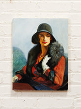 Load image into Gallery viewer, Woman in Black Hat Fashion Portrait Oil Painting with Red and Fur Accents
