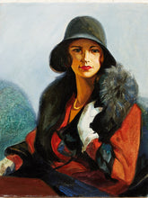 Load image into Gallery viewer, Woman in Black Hat Fashion Portrait Oil Painting with Red and Fur Accents
