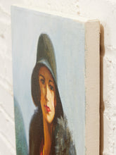 Load image into Gallery viewer, Woman in Black Hat Fashion Portrait Oil Painting with Red and Fur Accents
