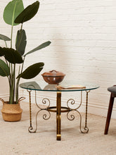 Load image into Gallery viewer, Hollywood Regency Glass Side Table with Brass Scroll Iron Base
