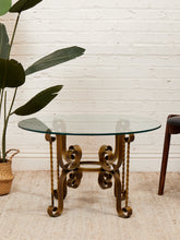 Load image into Gallery viewer, Hollywood Regency Glass Side Table with Brass Scroll Iron Base
