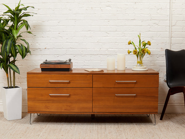 Modern Walnut Low Dresser with Chrome Bar Pulls and Minimalist Design – Sunbeam Vintage