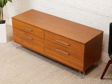 Load image into Gallery viewer, Modern Walnut Low Dresser with Chrome Bar Pulls and Minimalist Design
