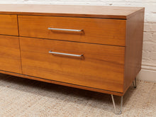 Load image into Gallery viewer, Modern Walnut Low Dresser with Chrome Bar Pulls and Minimalist Design
