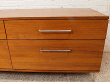 Load image into Gallery viewer, Modern Walnut Low Dresser with Chrome Bar Pulls and Minimalist Design
