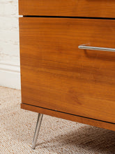 Load image into Gallery viewer, Modern Walnut Low Dresser with Chrome Bar Pulls and Minimalist Design
