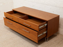 Load image into Gallery viewer, Modern Walnut Low Dresser with Chrome Bar Pulls and Minimalist Design
