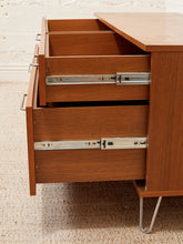 Load image into Gallery viewer, Modern Walnut Low Dresser with Chrome Bar Pulls and Minimalist Design
