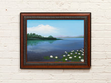 Load image into Gallery viewer, Water Lily Lake Framed Serene Landscape Painting with Lilies and Distant Hills
