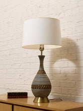 Load image into Gallery viewer, Ribbed Gourd Mid Century Table Lamp with Brass Base and White Drum Shade
