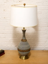 Load image into Gallery viewer, Ribbed Gourd Mid Century Table Lamp with Brass Base and White Drum Shade
