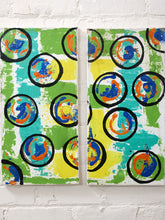 Load image into Gallery viewer, Orbit Pair Contemporary Abstract Diptych with Bold Circular Forms in Blue, Orange and Green
