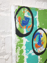 Load image into Gallery viewer, Orbit Pair Contemporary Abstract Diptych with Bold Circular Forms in Blue, Orange and Green

