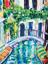 Load image into Gallery viewer, Venetian Canal Colorful Cityscape Print with Gondolas and Italian Architecture
