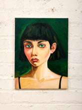 Load image into Gallery viewer, Emerald Gaze Contemporary Portrait Painting with Dark Bob and Green Background
