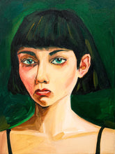 Load image into Gallery viewer, Emerald Gaze Contemporary Portrait Painting with Dark Bob and Green Background
