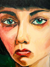 Load image into Gallery viewer, Emerald Gaze Contemporary Portrait Painting with Dark Bob and Green Background
