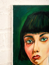 Load image into Gallery viewer, Emerald Gaze Contemporary Portrait Painting with Dark Bob and Green Background

