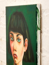 Load image into Gallery viewer, Emerald Gaze Contemporary Portrait Painting with Dark Bob and Green Background
