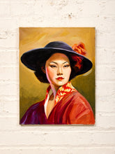 Load image into Gallery viewer, Woman in Black Hat Portrait Painting with Crimson Robe and Golden Background
