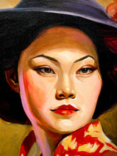 Load image into Gallery viewer, Woman in Black Hat Portrait Painting with Crimson Robe and Golden Background

