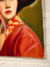 Load image into Gallery viewer, Woman in Black Hat Portrait Painting with Crimson Robe and Golden Background
