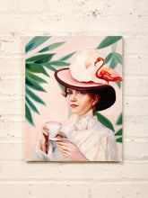 Load image into Gallery viewer, Flamingo Tea Fashion Portrait Original Painting with Teacup and Statement Hat
