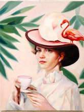 Load image into Gallery viewer, Flamingo Tea Fashion Portrait Original Painting with Teacup and Statement Hat
