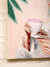 Load image into Gallery viewer, Flamingo Tea Fashion Portrait Original Painting with Teacup and Statement Hat
