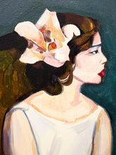 Load image into Gallery viewer, Woman with Orchid Figurative Portrait Painting in White Dress

