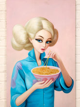 Load image into Gallery viewer, Noodle Girl Pop Surreal Portrait Painting with Blonde Figure in Blue

