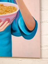 Load image into Gallery viewer, Noodle Girl Pop Surreal Portrait Painting with Blonde Figure in Blue
