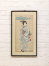 Load image into Gallery viewer, JAPANESE MEIJI PERIOD (1868–1912) "GEISHA WITH UMBRELLA" GOUACHE OIL ON SILK, FRAMED
