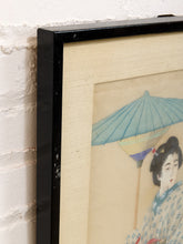 Load image into Gallery viewer, JAPANESE MEIJI PERIOD (1868–1912) "GEISHA WITH UMBRELLA" GOUACHE OIL ON SILK, FRAMED
