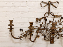 Load image into Gallery viewer, Italian Gold Gilt Tole Wall Sconce Candelabra with Birds and Leaves Rococo Style
