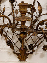 Load image into Gallery viewer, Italian Gold Gilt Tole Wall Sconce Candelabra with Birds and Leaves Rococo Style
