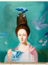Load image into Gallery viewer, Lady with Birds Surreal Figurative Portrait Painting with Teacup
