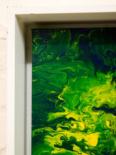 Load image into Gallery viewer, Electric Verdure Framed Abstract Pour Painting in Neon Green Blue and Yellow
