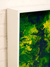 Load image into Gallery viewer, Electric Verdure Framed Abstract Pour Painting in Neon Green Blue and Yellow
