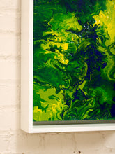 Load image into Gallery viewer, Electric Verdure Framed Abstract Pour Painting in Neon Green Blue and Yellow
