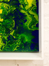 Load image into Gallery viewer, Electric Verdure Framed Abstract Pour Painting in Neon Green Blue and Yellow
