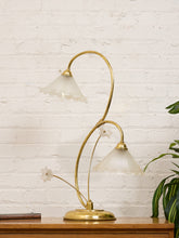 Load image into Gallery viewer, Lily Pair Brass Double Arm Table Lamp with Frosted Glass Shades
